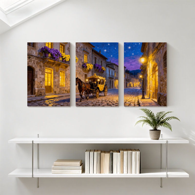 Abstrait romantique soirée dans la rue, ensemble de 3 impressions sur toile, H 30 po x l 60 po