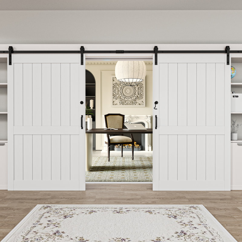 Double Sliding Primed Paneled Barn Door with  Installation Hardware Kit(Door Lock/Soft Close Included), 72" x 84"