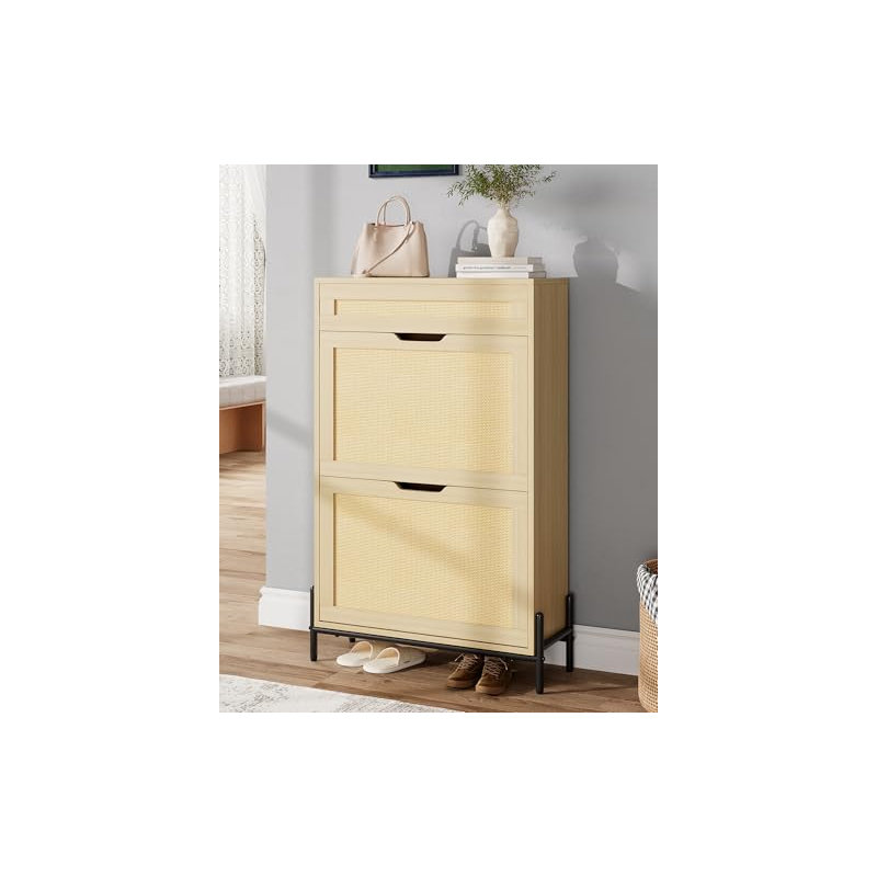 Rattan Shoe Cabinet with 3 Drawers & Adjustable Shelves, 3-Tier Slim Wooden Shoe Rack Organizer Storage, Brown