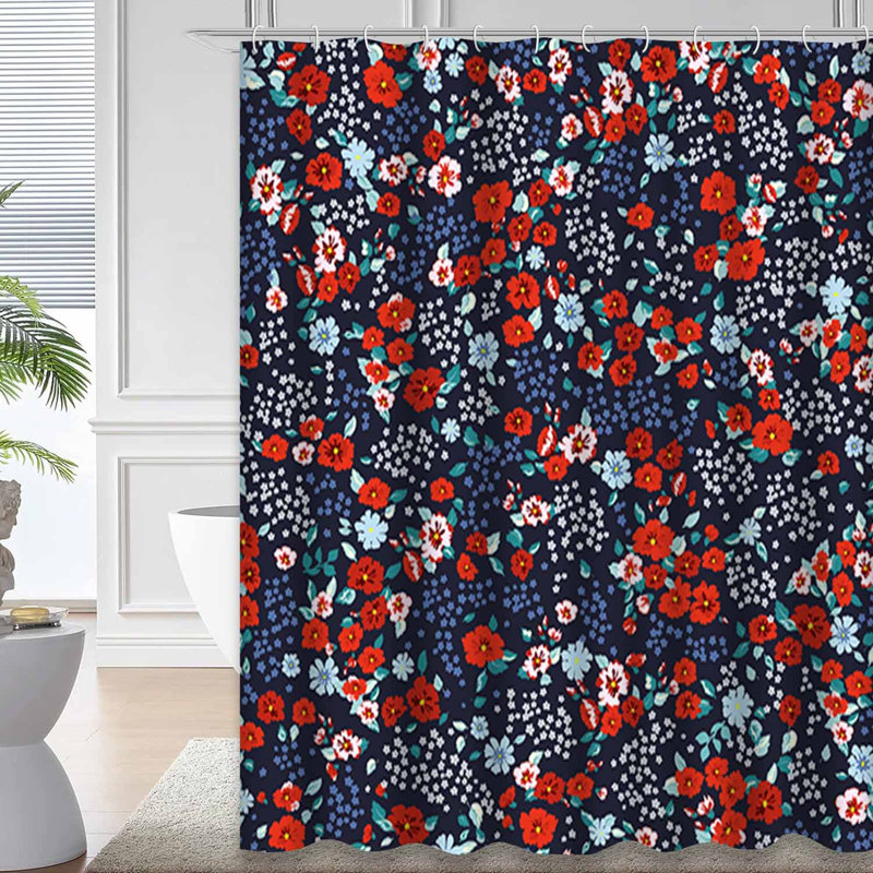 Rideau de douche imperméable à motif floral rouge et bleu avec 12 crochets, L 72 po x l 72 po