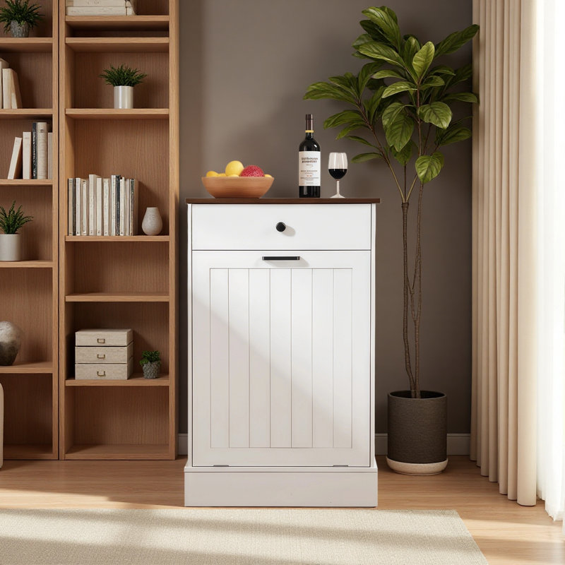 Armoire à poubelle inclinable, armoire à poubelle en bois cachée avec tiroir, armoire à ordures autoportante pour la cuisine