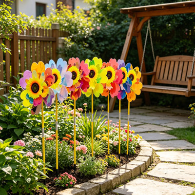 Paquet de 7 moulins à vent en forme de tournesol arc-en-ciel de 32 cm de diamètre pour décoration de fête extérieure