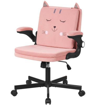 Pink Cute Cat Upholstered Velvet Office Chair With Flip-Up Armrests, Swivel Desk Chair, Computer Chair
