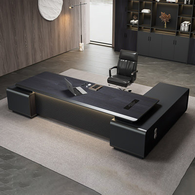 Modern Light Luxury L-Shaped Dark Grey Baking Paint Executive Desk with Large-Capacity Storage and Built-in Power Strip Design