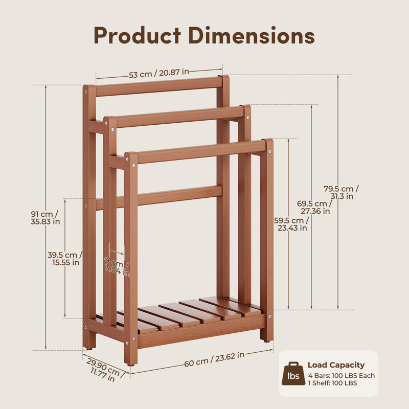Freestanding Towel Rack for Bathroom, 3-Tier HIPS Blanket Ladder Holder, Floor Standing Drying Shelf with Bottom Storage, 35.8" H Towel Bar Stand for Spa, Pool, Bedroom, Teak