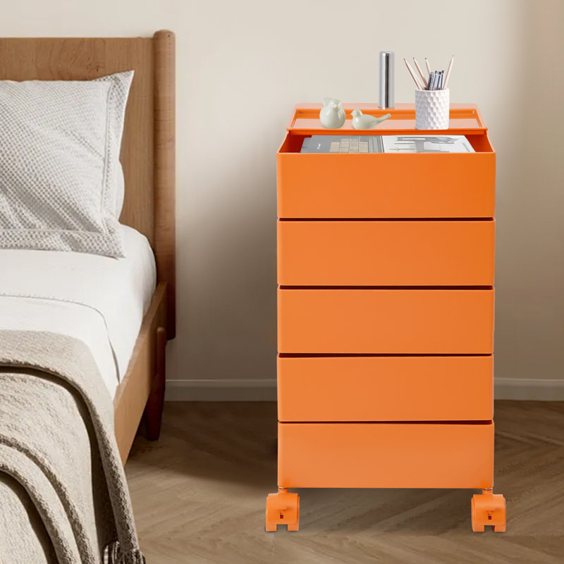 Storage Cabinet Bedside Table Rotating Sofa Side Cabinet Storage Rack With 4 Wheels, Orange