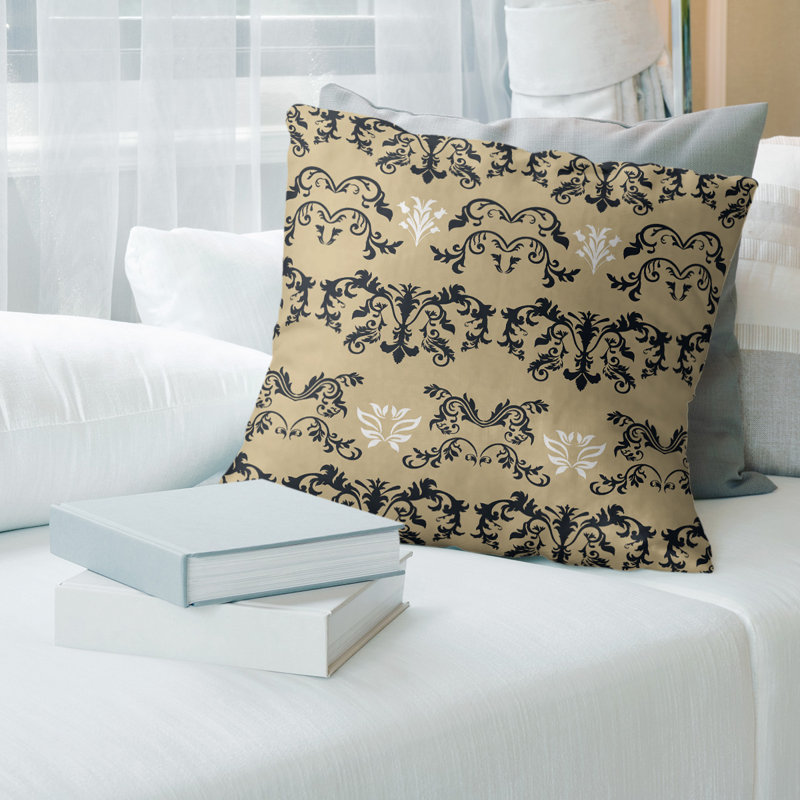 New Orleans Damask Linen Reversible Throw Pillow, 14" x 14", Faux Suede, Black/Old Gold/White