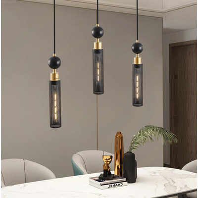 3-Light Modern Dining Room Chandelier with Adjustable Cylindrical Mesh Shades Black and Gold