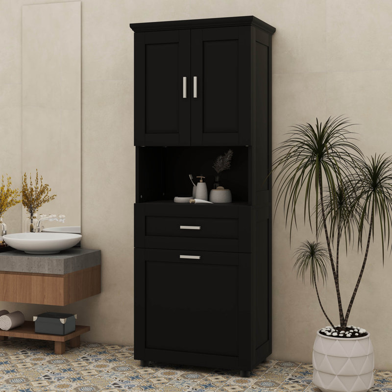 Armoire de salle de bain haute avec portes de panier à linge intégrées et section de rangement supérieure ouverte, Noir