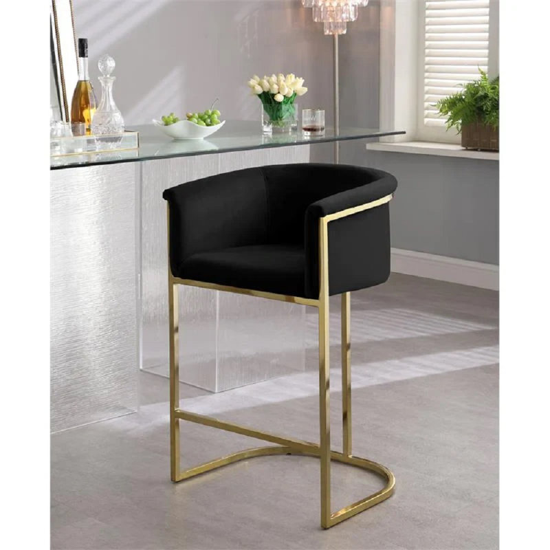 Tabouret de comptoir en velours Kanni, Noir, noir, noir, noir