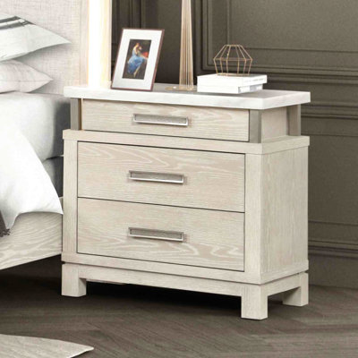 Table de chevet 1 pièce pour chambre à coucher de style transitionnel, finition grise patinée, plateau en marbre, tiroir supérieur doublé de feutre, tiroirs inférieurs, poignées en métal linéaires, bois d'hévéa massif et bois d'ingénierie,