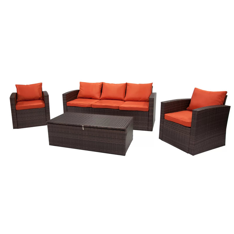 Arlington Wicker 5 - Person Seating Group with Cushions, Dark Brown Frame/Orange Cushion