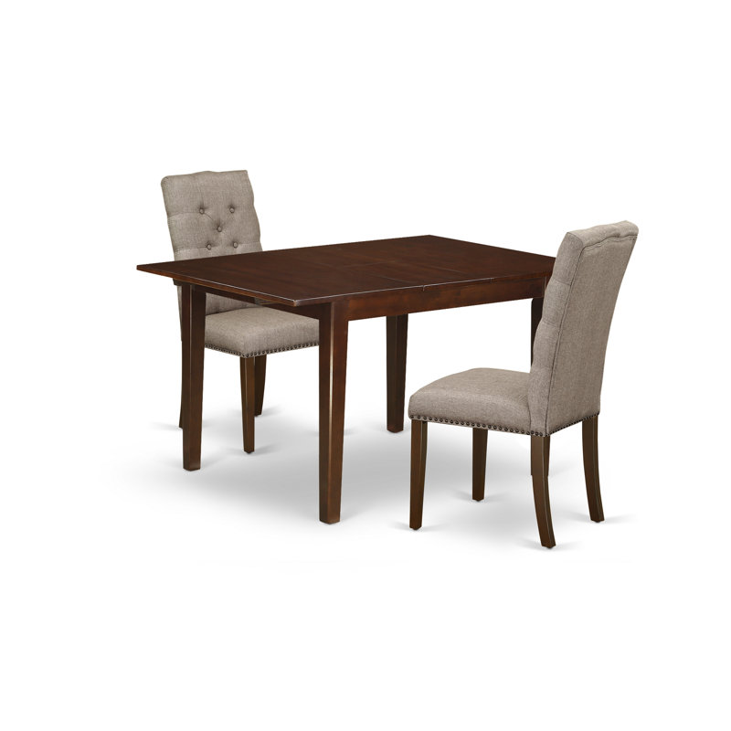 3 Piece Modern Dining Table Set Contains a Rectangle Wooden Table with Butterfly Leaf and 2 Dark Khaki Linen Fabric Parson Chairs, Mahogany
