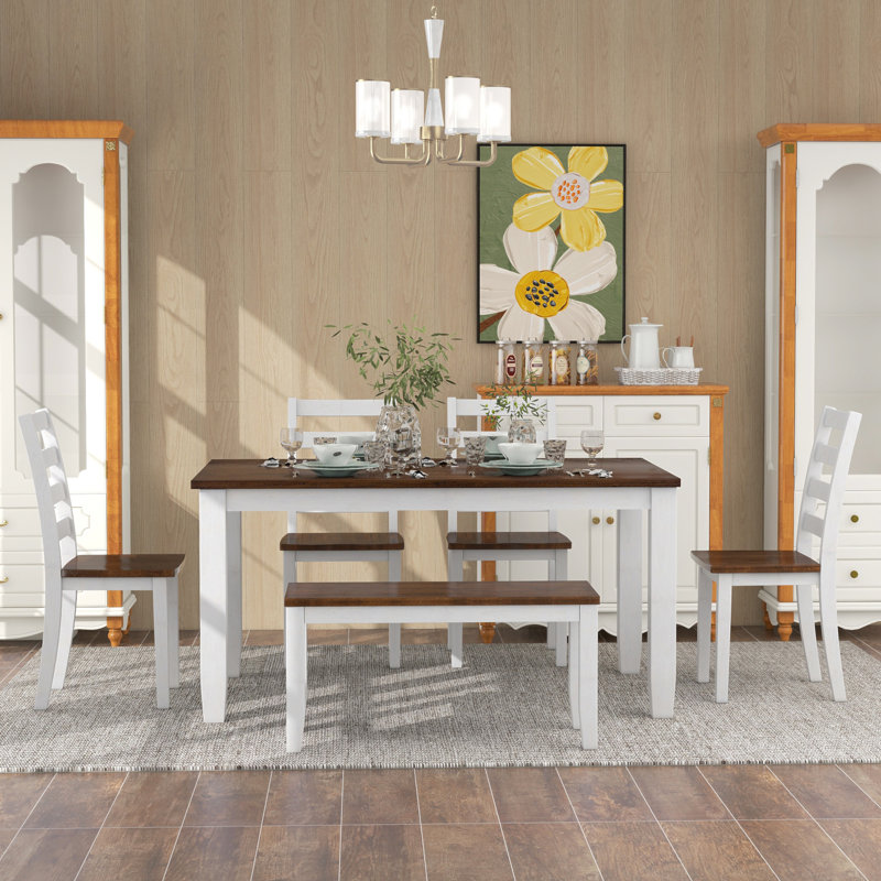 Rustic Walnut Rectangular Dining Table Set with 4 Chairs and Bench