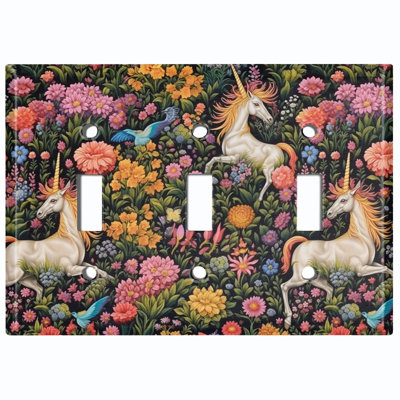 Couvercle de plaque d'interrupteur en métal; Bascule standard US 3 bandes - Licornes et fleurs sauvages