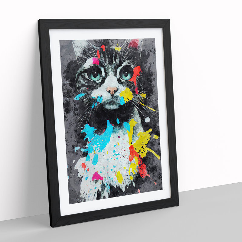 Catt Paint Splash No.4 - Wall Art, Black Framed, 66cm H x 48cm W x 2cm D, White