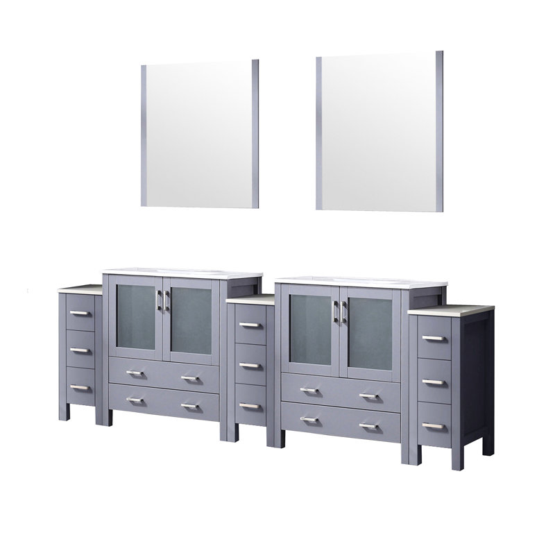 96 In. Wide Dark Grey Double Bath Vanity With Side Cabinets, Ceramic Top, Mirrors, And Customizable Storage Practical