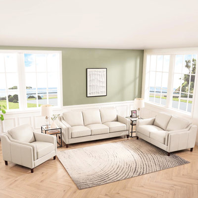3 Leather In Beige Color - Genuine Leather, Mid-century Modern Design, Cushion Back, Square Arm Stable Wood Frame 3 Settee, Eucalyptus Base, Medium-firm Seat Comfort, Arm, Down Padding