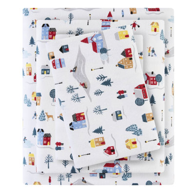 100% Cotton Flannel Twin Xl Printed Sheet Featuring White Village Print, Cozy And Comfortable, Contains Flat Sheet, Fitted 2 Pillowcases, Easy To Care With Machine Wash, Material, Handfeel, Includes
