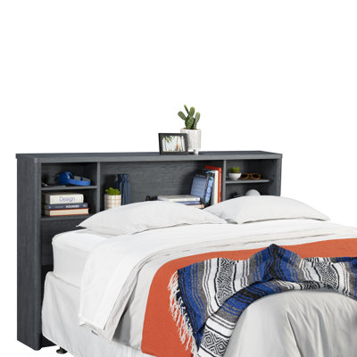 Grande tête de lit bibliothèque, finition denim + brun, tête de lit avec rangement organisé, espaces, convient aux lits doubles et grands, tablettes personnalisables grises, faible encombrement, assemblage simple, tablette supérieure double / grand