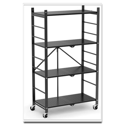 4-Tier Foldable Storage Shelves With 20 Hooks - No-Assembly Metal Rack With Wheels For Kitchen/Garage/Home, Black