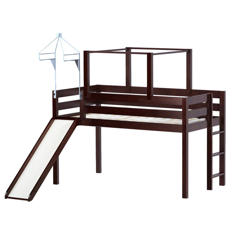 Johannes Solid Wood Twin Low Loft Bed with Ladder Slide Tent and Tower, Gray, Red/Yellow/Blue