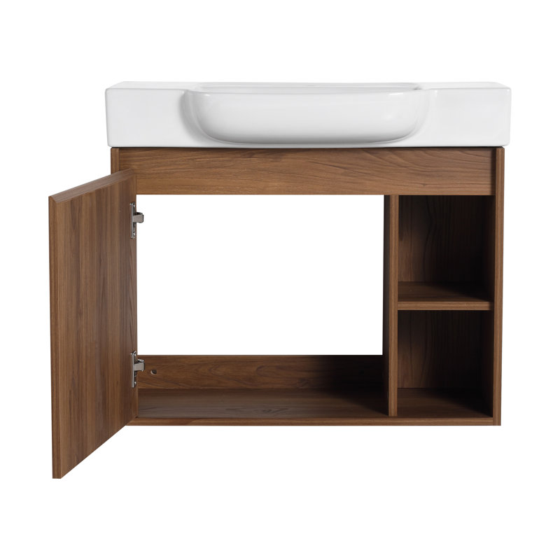 28'' Single Bathroom Vanity With Ceramic Top, Walnut, 28"