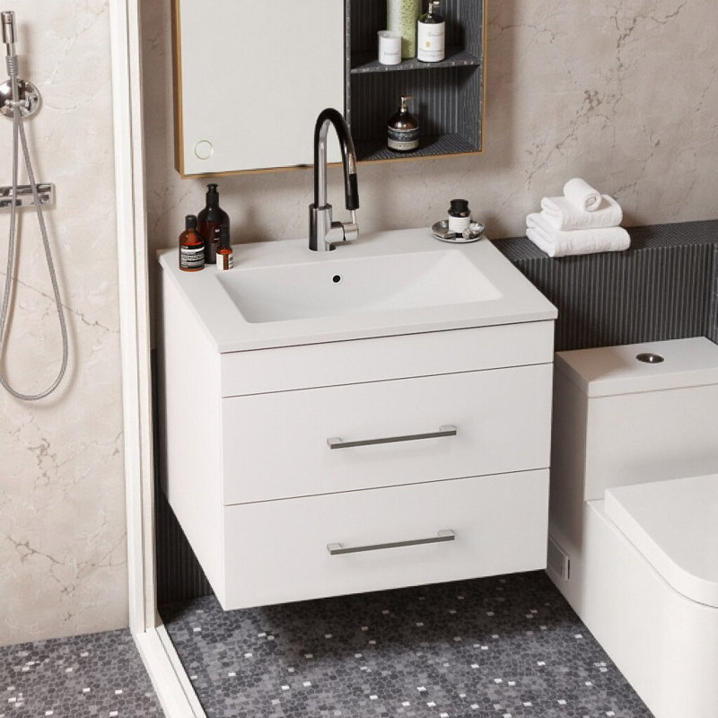 Meuble-lavabo flottant blanc brillant avec tiroirs à fermeture en douceur et lavabo en céramique - Conception moderne peu encombrante