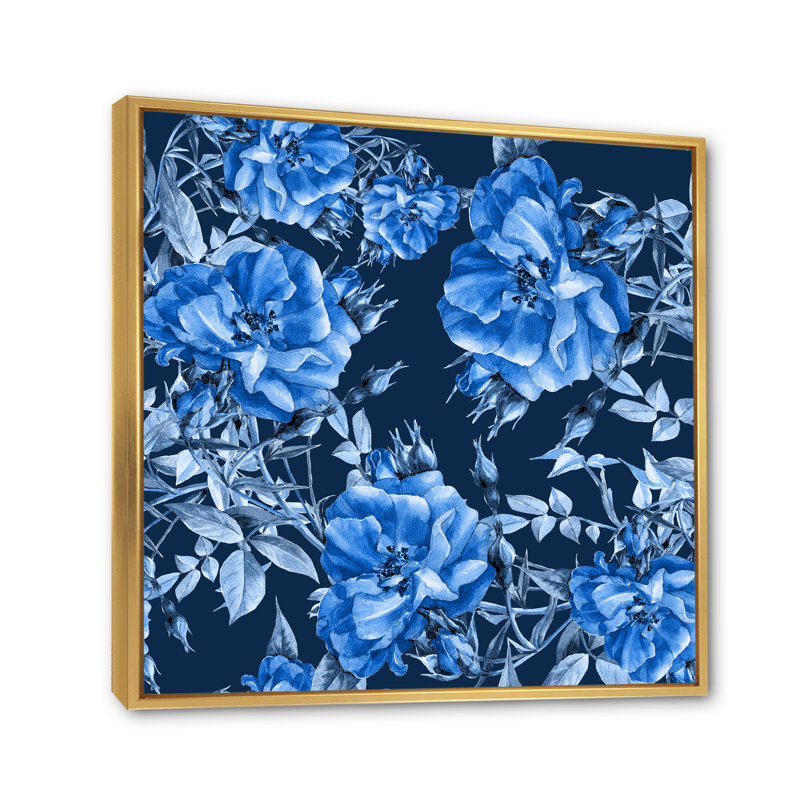 Fleurs bleues abstraites - Peinture sur toile, Cadre flottant doré, H 36 po x l 36 po x 1,5 po