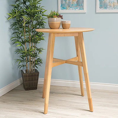 Table de bar ronde en bois de style Mid-Century moderne de 42 po de hauteur avec pieds fuselés 
