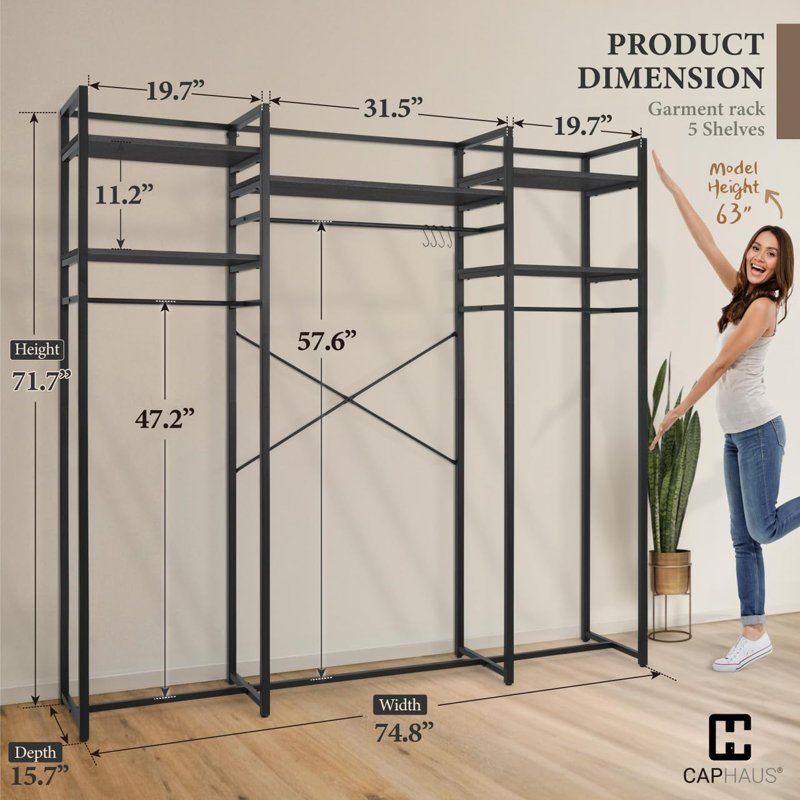 Portant à vêtements en métal robuste avec barres de suspension 913lbs capacité 75 pouces de large, noir, Noir
