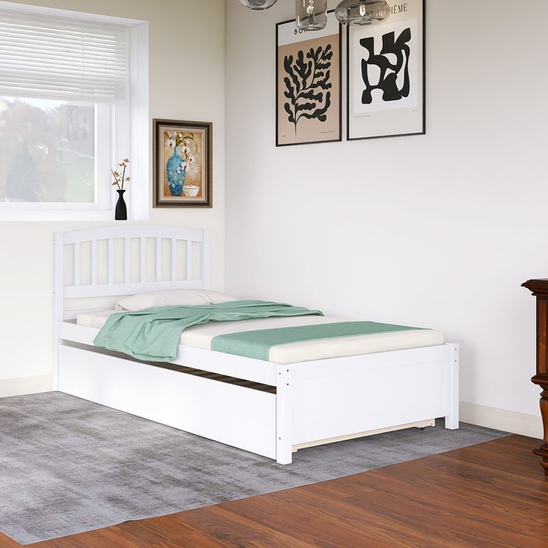 Lit plateforme simple en bois massif avec lit gigogne coulissant, Blanc