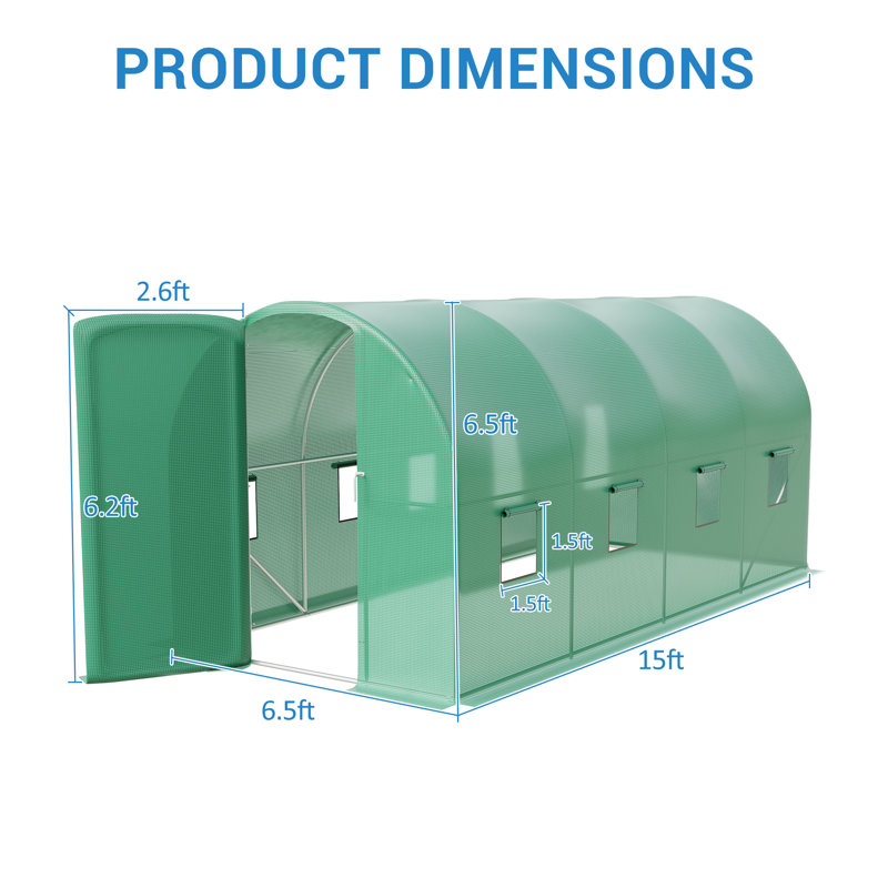 15x7x7 ft Large Walk-In Greenhouse Tunnel, Heavy Duty Galvanized Steel Frame with 8 Mesh Windows & Swing Iron Gate, Durable Green PE Cover for Vegetables & Flowers - Iron Gate