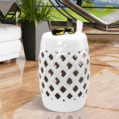 Tabouret de patio en céramique avec décoration tissée, 13 po x 18 po, blanc, solide et élégant, repose-pieds blanc, facile à nettoyer et durable