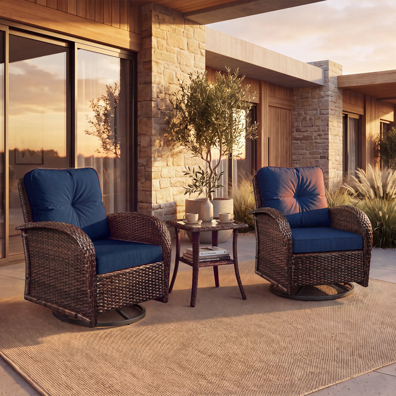 Ensemble de 3 fauteuils à bascule pivotants en résine tressée avec table d'appoint et coussin bleu marine, ensemble de conversation moderne pour véranda, terrasse, balcon et jardin