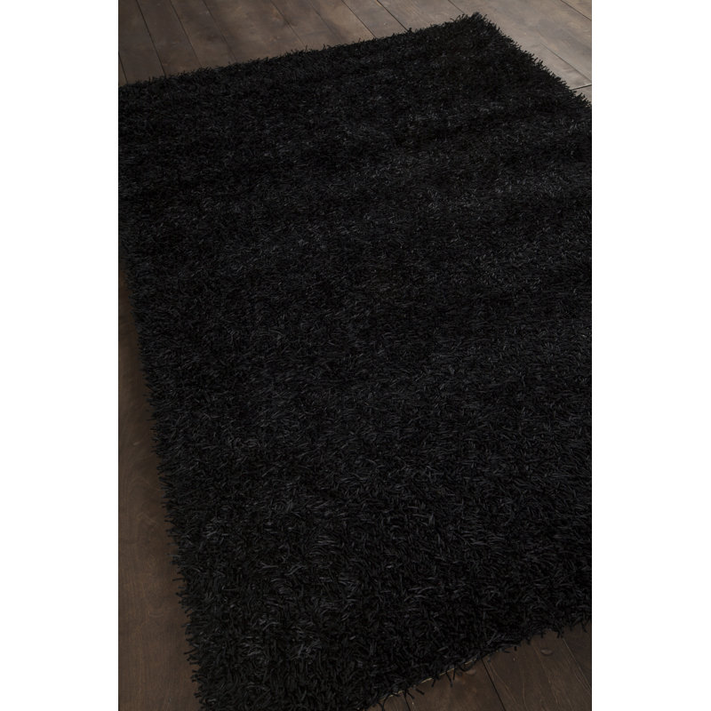 Heston Authentic Hand Woven Handmade Jet Black Modern Abstract Polyester Shag Area Rug, Rectangle 4' x 6', Black