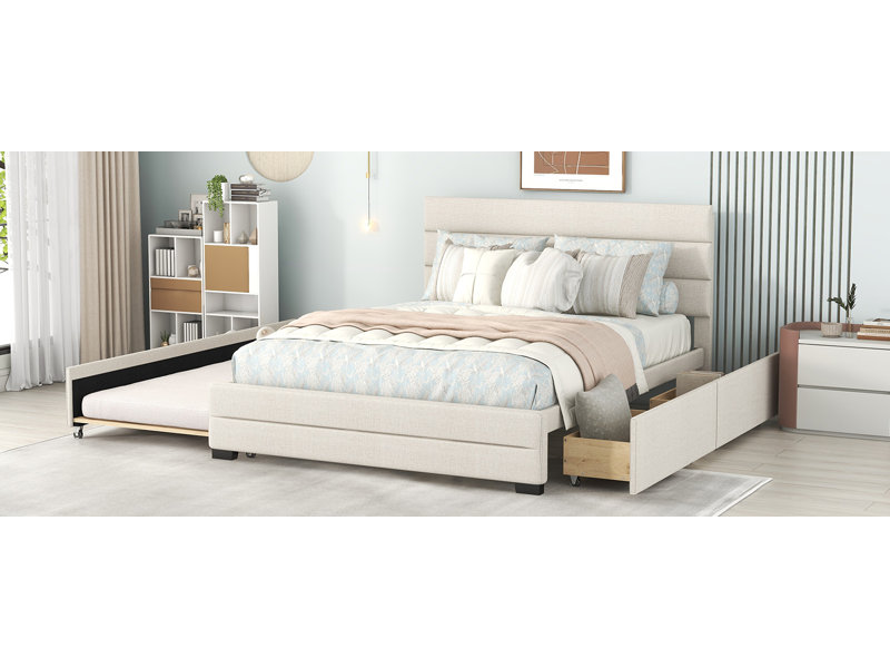 Lit plateforme simple tapissier beige avec lit gigogne, rembourré, tiroirs, rangement - 1 pièce