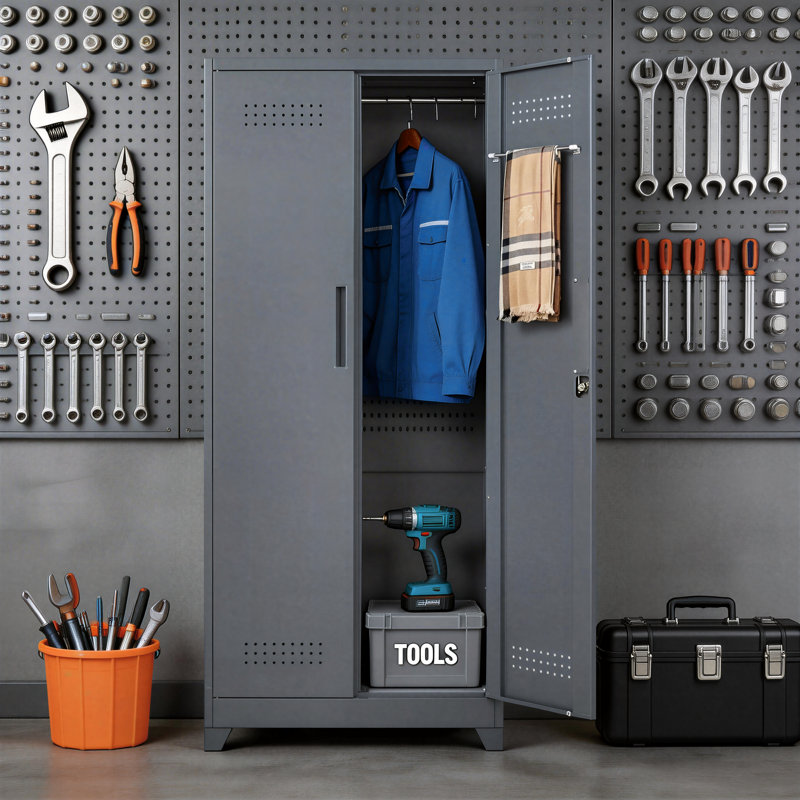Gray Metal Cleaning Tool Cabinet With Lockable Door And Adjustable Shelves; Tall Enough To Store Brooms And Other Tools; Suitable For Kitchens, Offices, And Shops.