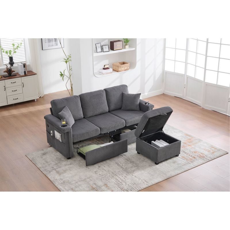Canapé modulaire en L avec rangement escamotable, repose-pieds et coussins à 3 places avec chargement USB, porte-gobelet, conception convertible pour salon, appartement, tissu en velours côtelé