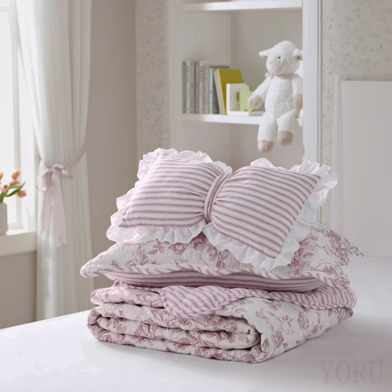 Ensemble de courtepointe 3 pièces simple / simple TG avec coussin décoratif, rose