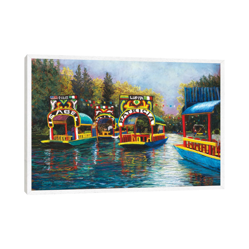 Xochimilco, Mexico by Candy Mayer - Painting on Canvas, White Framed Canvas, 45.72cm H x 66.04cm W x 3.81cm D