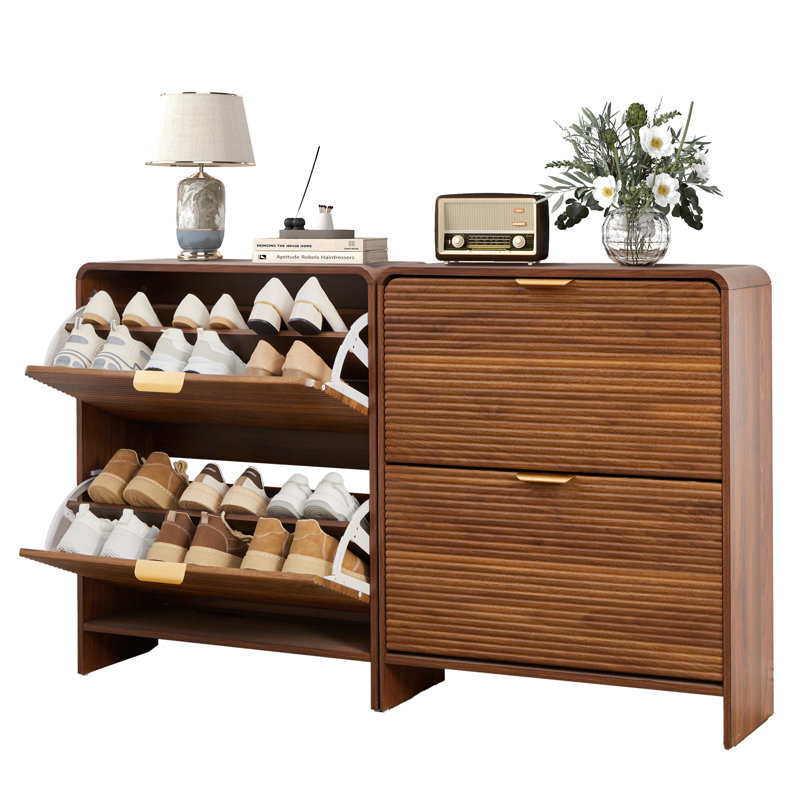 16 Pair Shoe Storage Cabinet With 2 Flip Drawers, Walnut