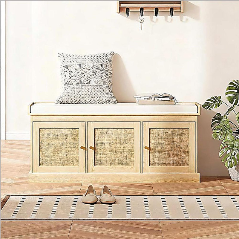 Shoe Storage Bench with Woven Rattan Doors, Shoe Bench, Oak/Cream White
