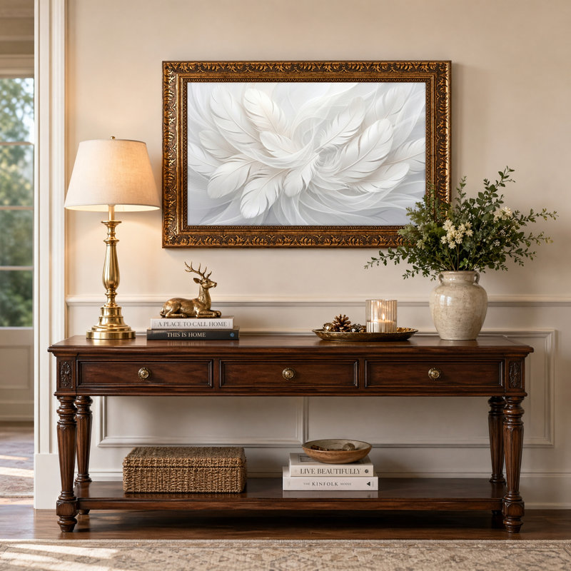 Art mural en toile noyer doré encadré pour le salon, la chambre à coucher, le bureau ou le vestibule - décoration murale décorative avec art en plumes