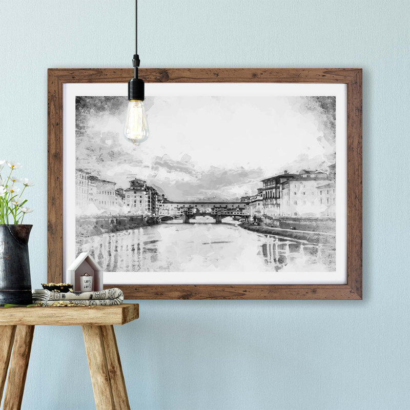 Ponte Vecchio Bridge in Florence Italy - Picture Frame Painting Print on Paper, 24cm H x 33cm W x 2cm D, Walnut