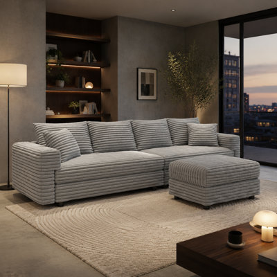 Ramspoth 102.4" Plush Corduroy 4-Seater Sofa with Movable Ottoman, Deep Seats, Removable Backrests and 1,000 lb. Capacity