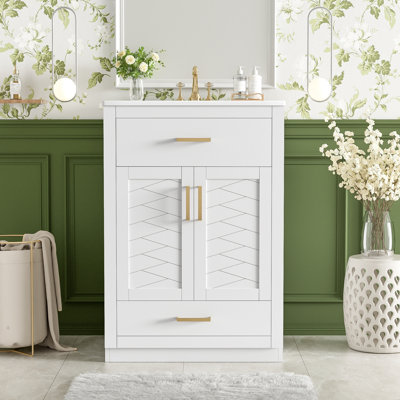 Meuble-lavabo blanc 24 po avec lavabo en céramique intégré - 2 portes, 1 tiroir basculant, meuble-lavabo pour salle de bain petite et moyenne