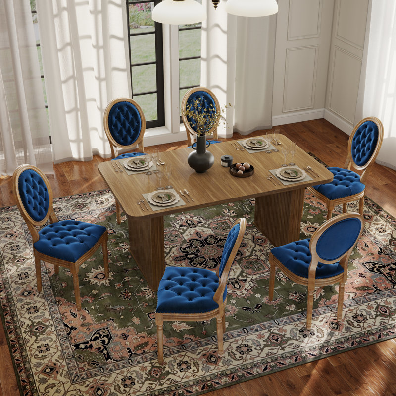 Mid-century Wood Rectangular Pedestal Dining Set with French Dininig Chair, Blue, 7 Pieces: Table, 6 Chairs