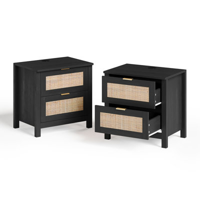 Rattan Nightstand (Set Of 2) With Wireless Charging Station & Two Drawers
