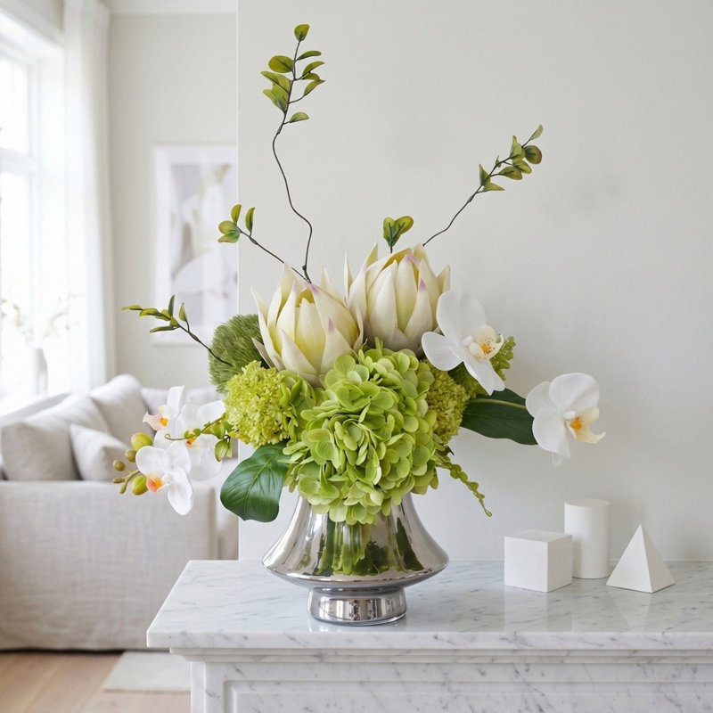 Bouquet artificiel vert élégant - Hortensia avec vase